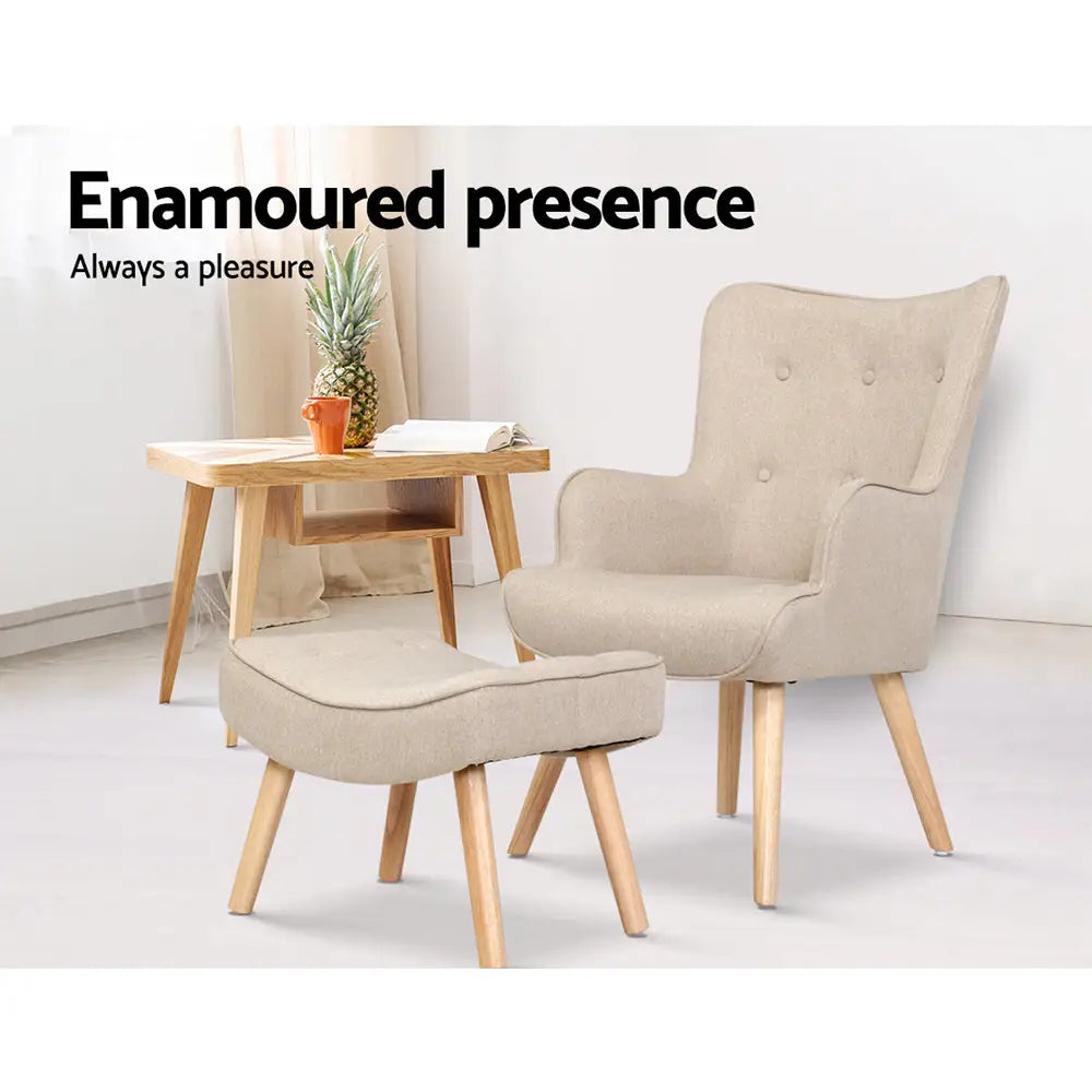Artiss Armchair Set with Ottoman Beige Lansar - Furniture > Bar Stools & Chairs