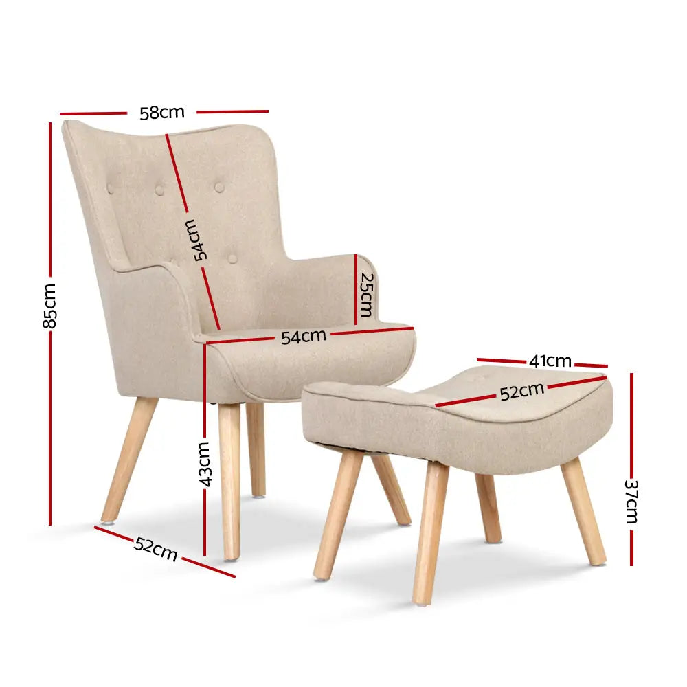 Artiss Armchair Set with Ottoman Beige Lansar - Furniture > Bar Stools & Chairs