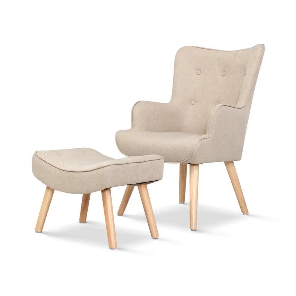 Artiss Armchair Set with Ottoman Beige Lansar - Furniture > Bar Stools & Chairs