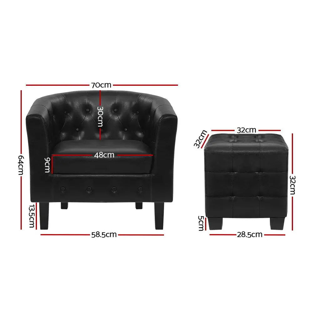 Artiss Armchair Set with Ottoman Black Ava - Furniture > Living Room