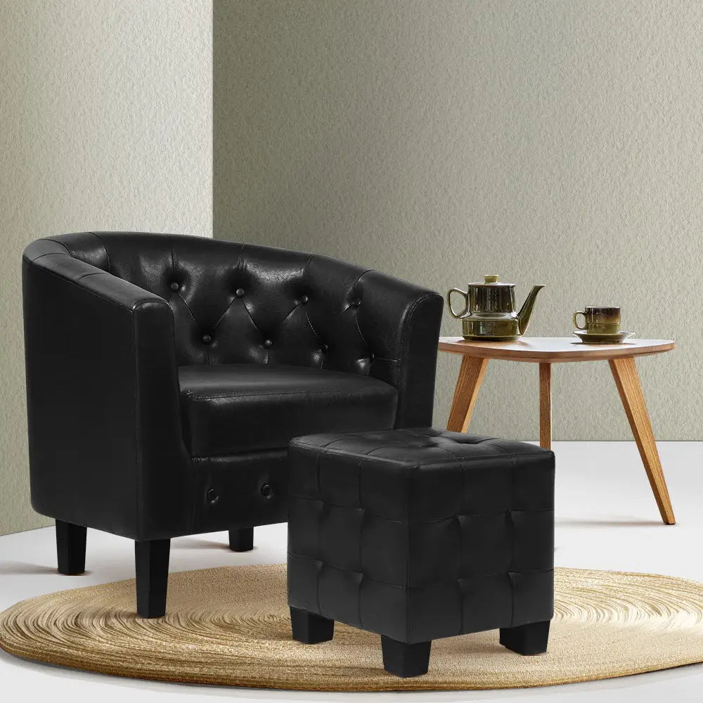 Artiss Armchair Set with Ottoman Black Ava - Furniture > Living Room