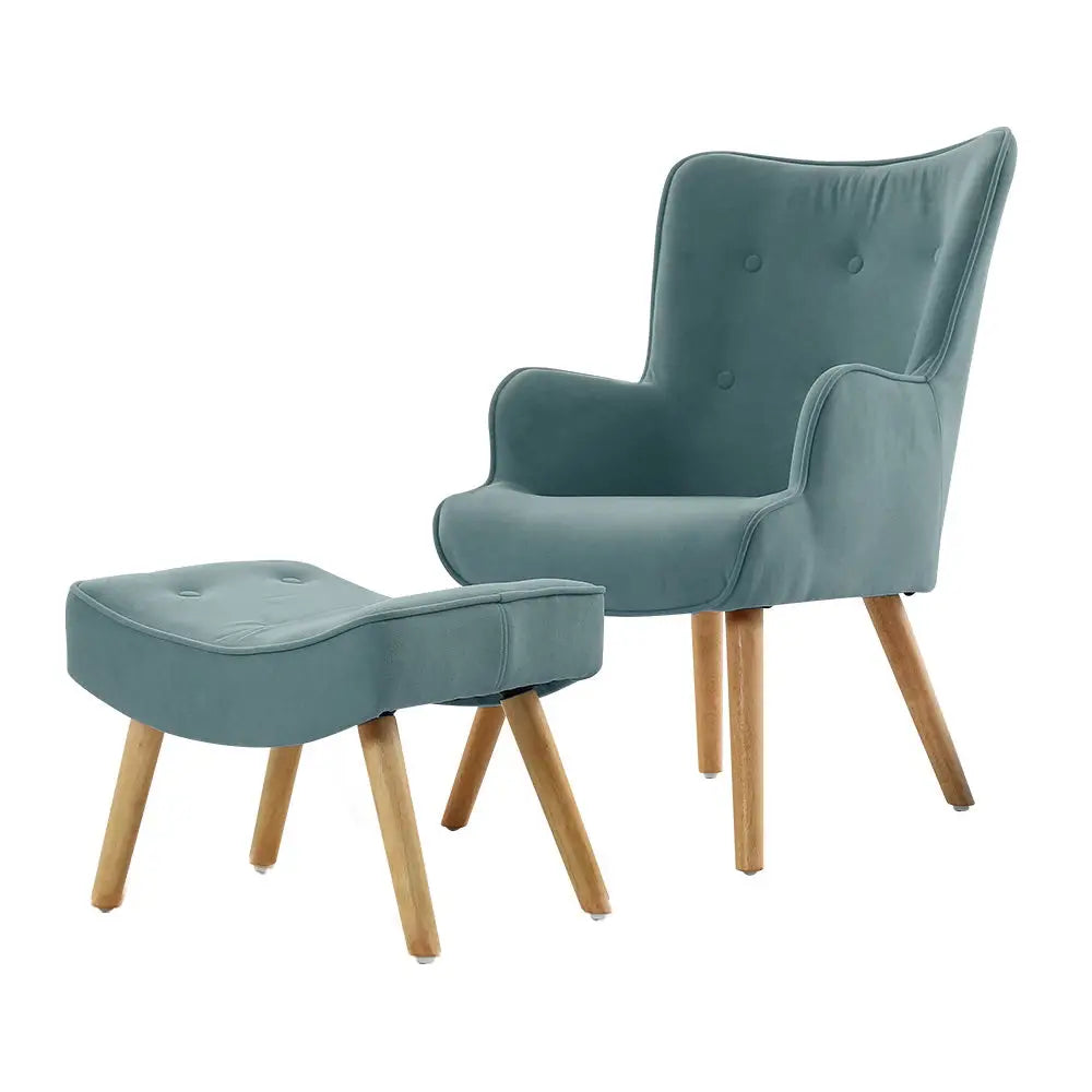 Artiss Armchair Set with Ottoman Blue Lansar - Furniture > Living Room