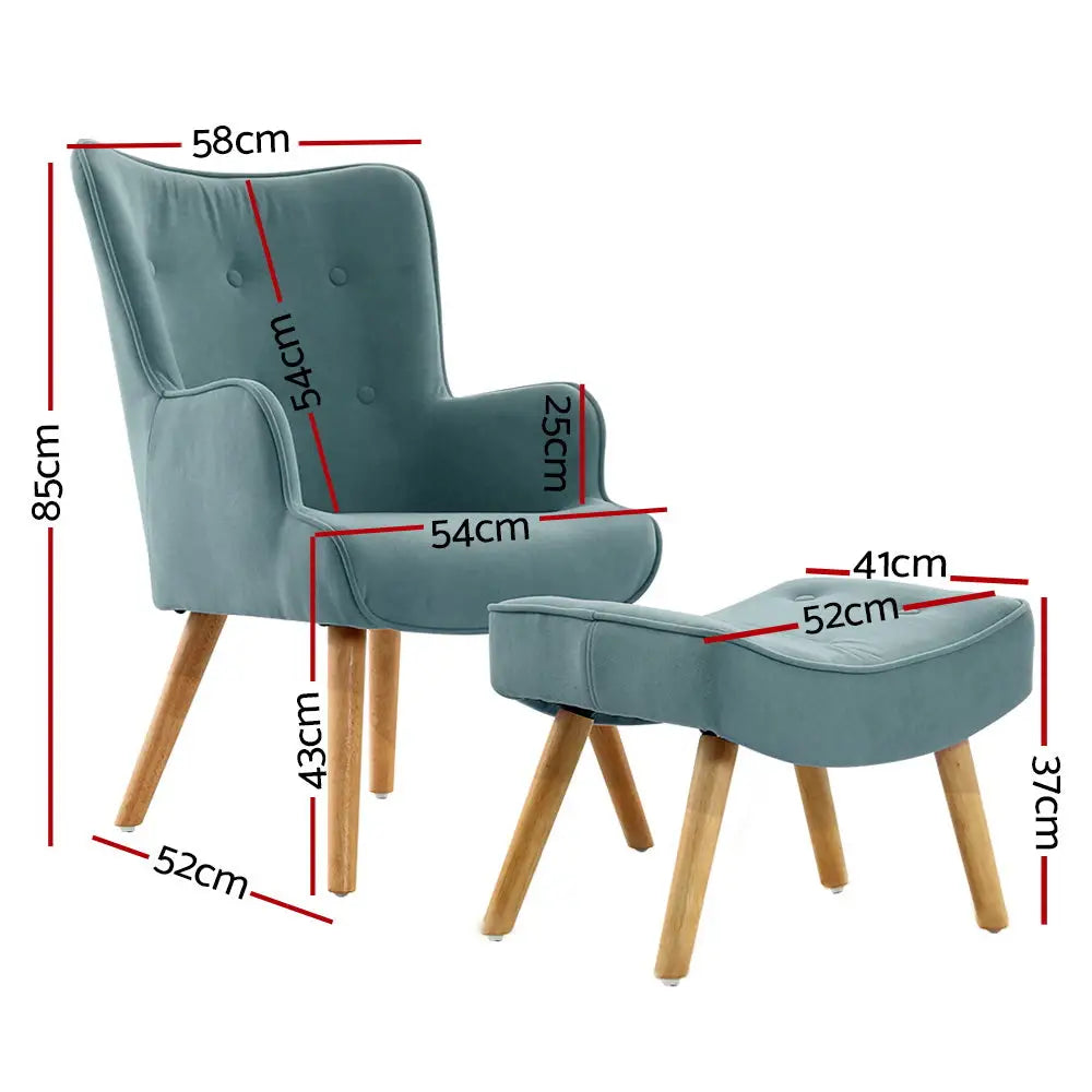 Artiss Armchair Set with Ottoman Blue Lansar - Furniture > Living Room