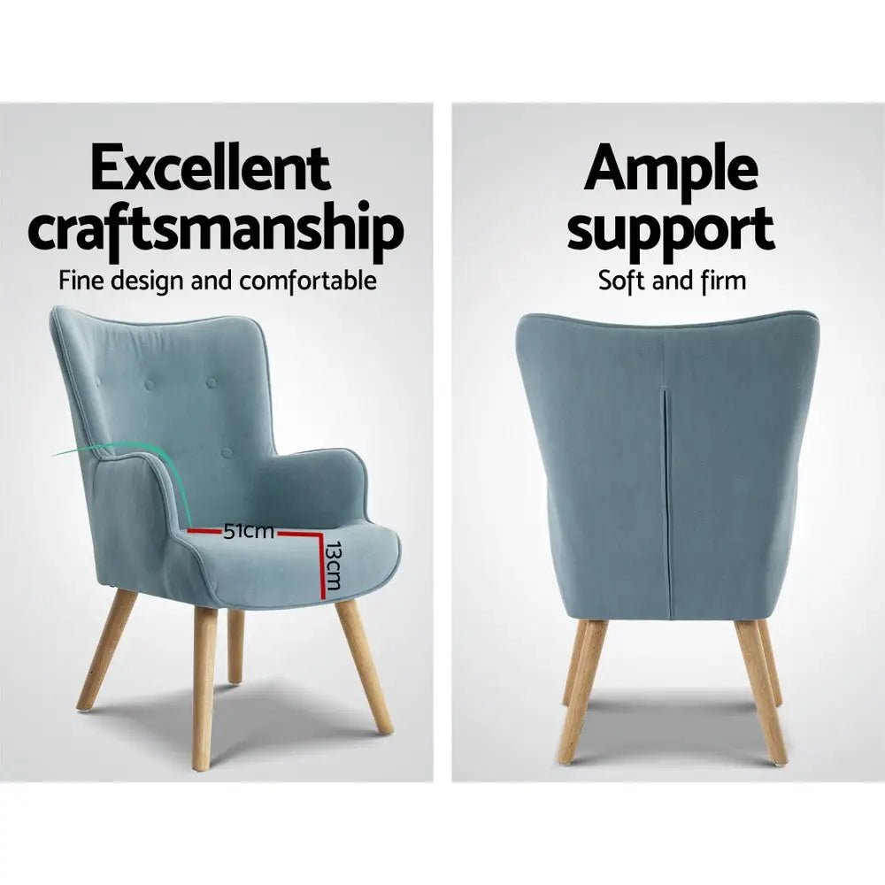 Artiss Armchair Set with Ottoman Blue Lansar - Furniture > Living Room