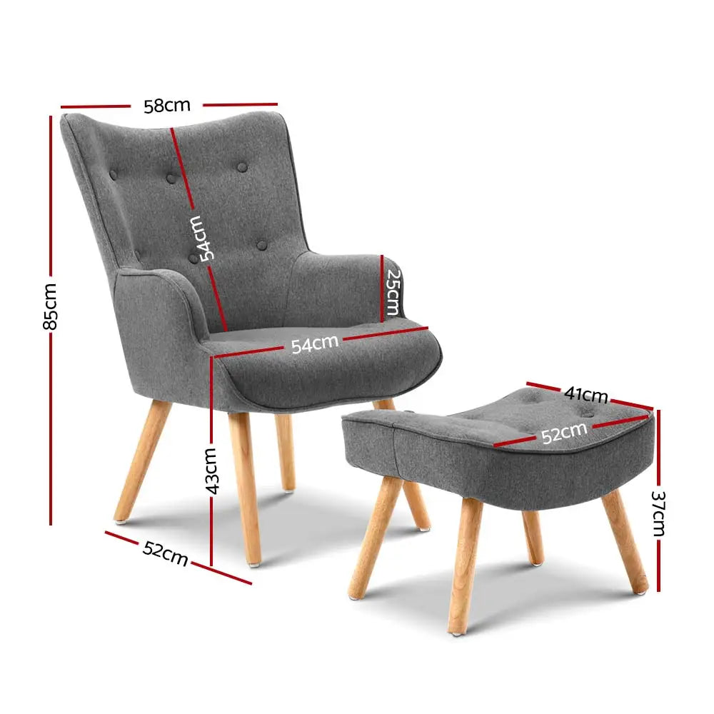 Artiss Armchair Set with Ottoman Grey Lansar - Furniture > Bar Stools & Chairs