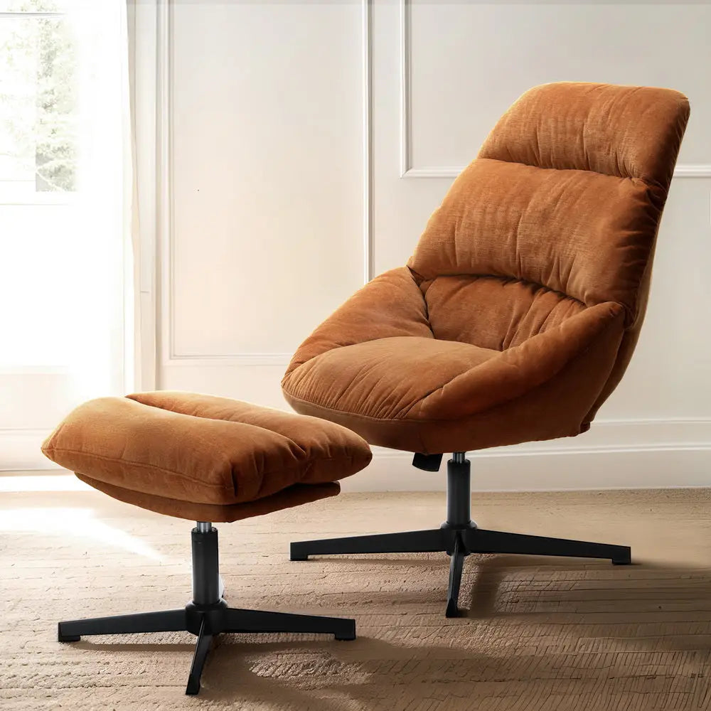 Artiss Armchair Set with Ottoman Linen Fabric Orange Yaro - Furniture > Bar Stools & Chairs
