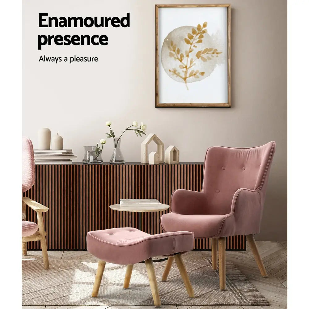 Artiss Armchair Set with Ottoman Pink Lansar - Furniture > Living Room