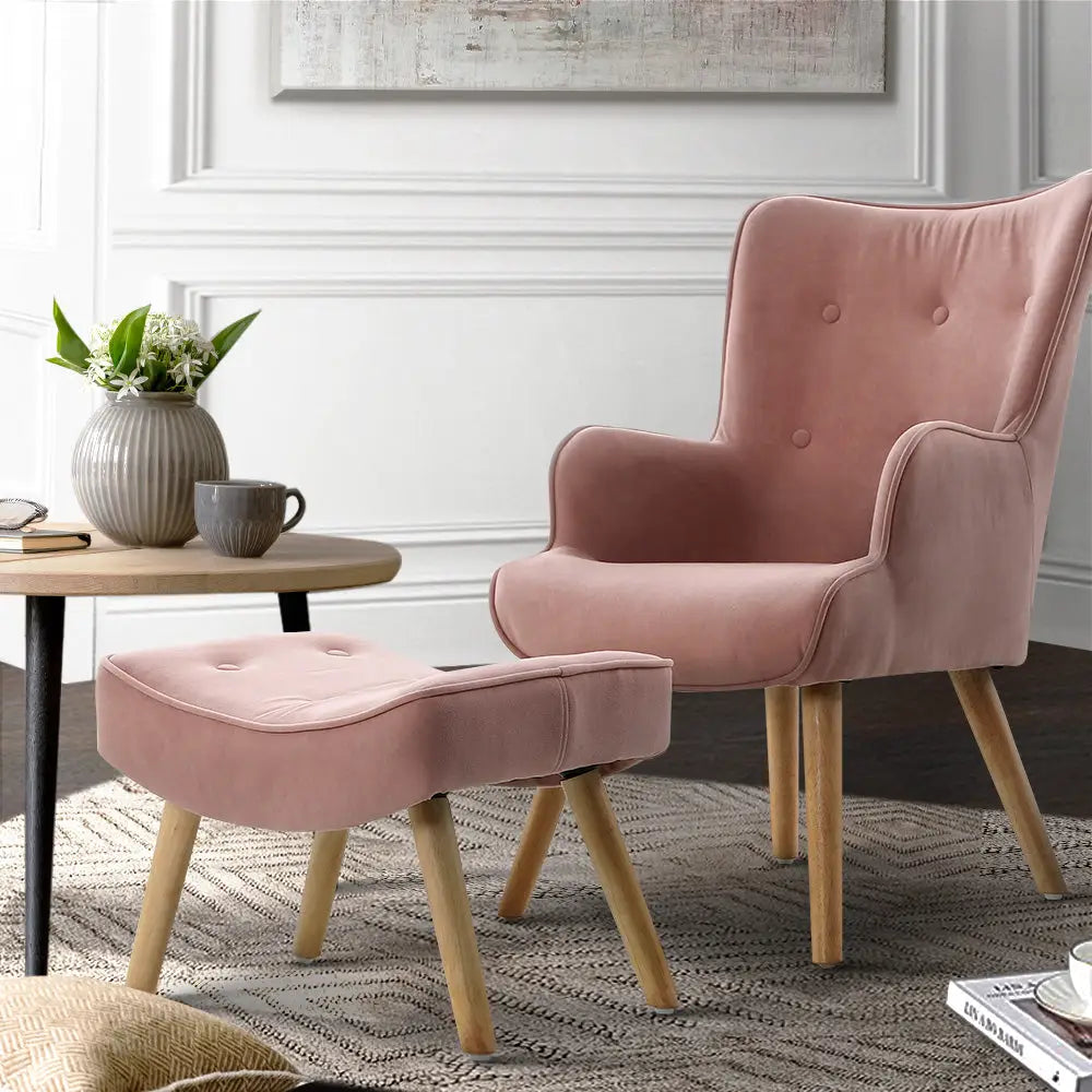 Artiss Armchair Set with Ottoman Pink Lansar - Furniture > Living Room