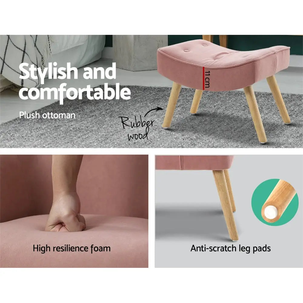 Artiss Armchair Set with Ottoman Pink Lansar - Furniture > Living Room