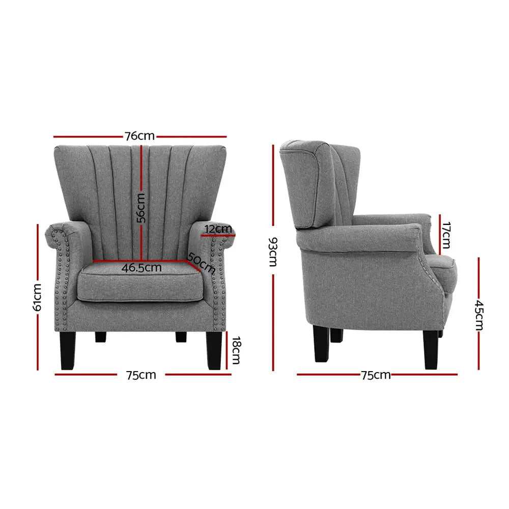 Artiss Armchair Wingback Grey Andrew - Furniture > Bar Stools & Chairs > Arm Chairs & Recliners