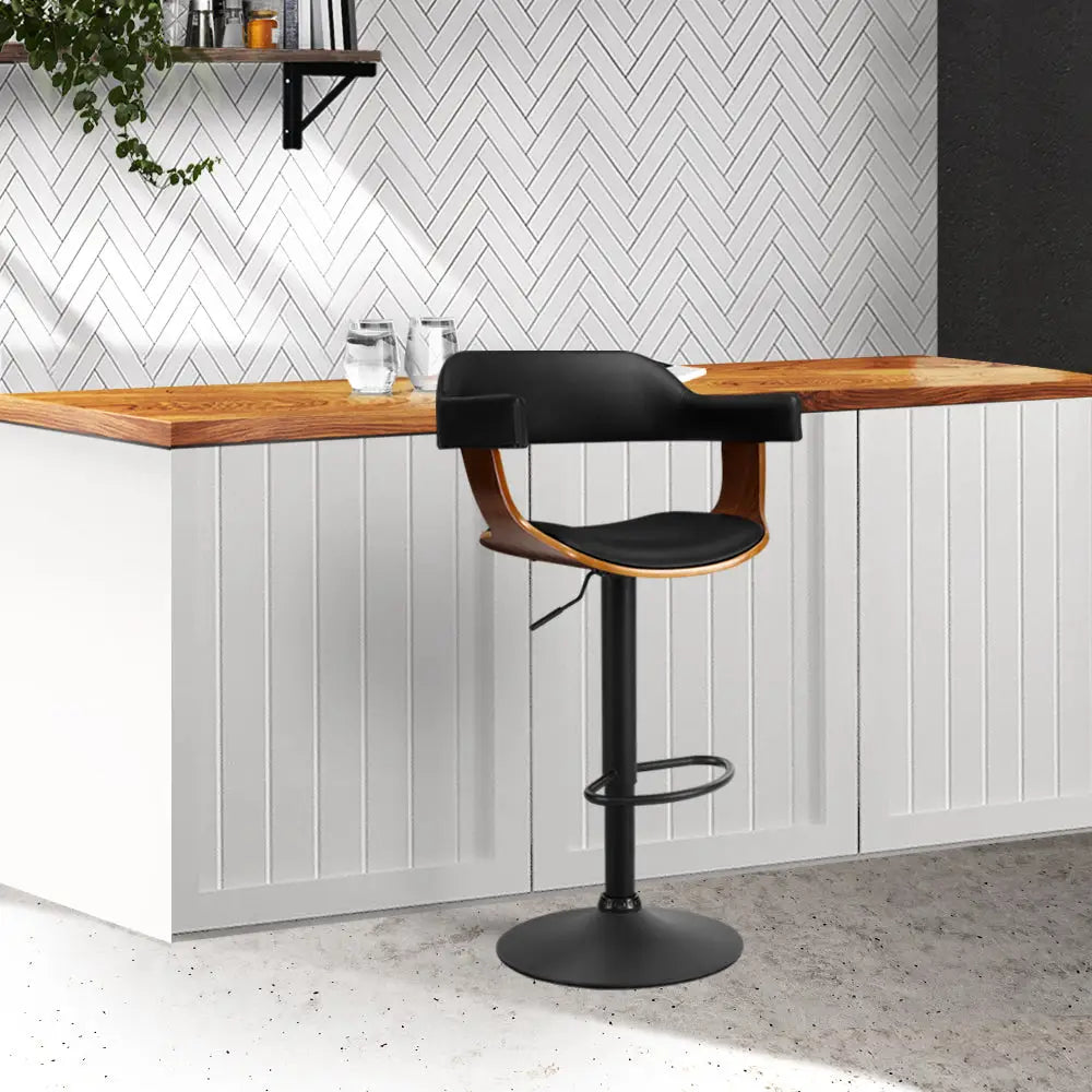 Artiss Bar Stools Gas Lift Leather w/Armrest All Black - Furniture > Bar Stools & Chairs