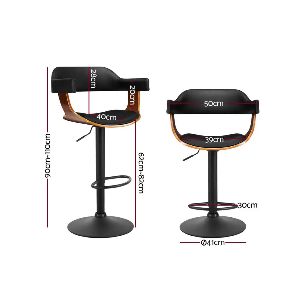 Artiss Bar Stools Gas Lift Leather w/Armrest All Black - Furniture > Bar Stools & Chairs