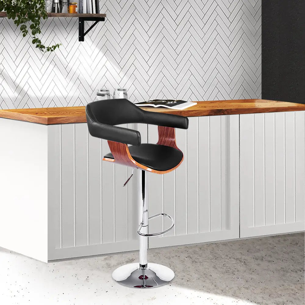 Artiss Bar Stools Gas Lift Leather w/Armrest Black - Furniture > Bar Stools & Chairs