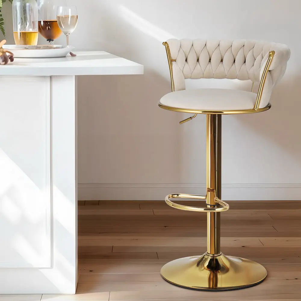 Artiss Bar Stools Gas Lift Velvet Woven Backrest Ivory - Furniture > Bar Stools & Chairs