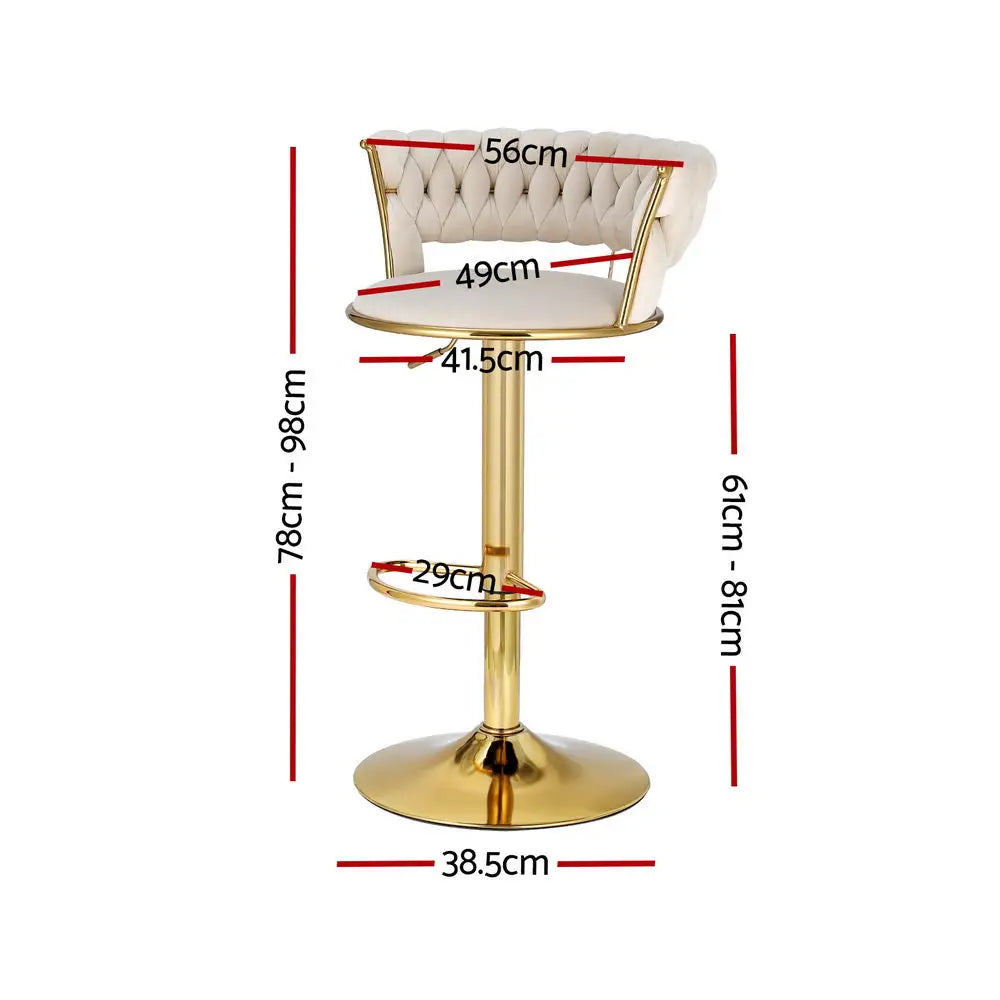 Artiss Bar Stools Gas Lift Velvet Woven Backrest Ivory - Furniture > Bar Stools & Chairs