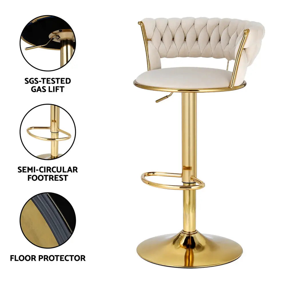Artiss Bar Stools Gas Lift Velvet Woven Backrest Ivory - Furniture > Bar Stools & Chairs