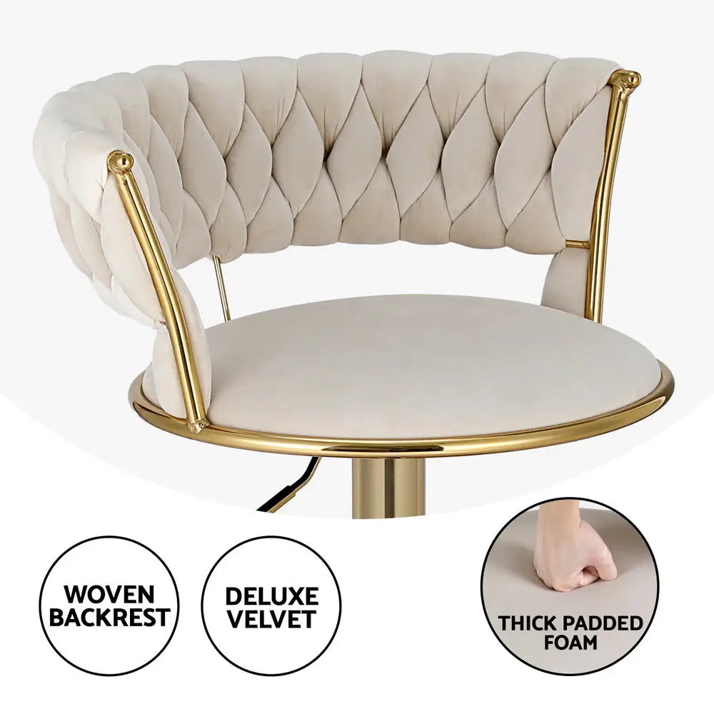 Artiss Bar Stools Gas Lift Velvet Woven Backrest Ivory - Furniture > Bar Stools & Chairs