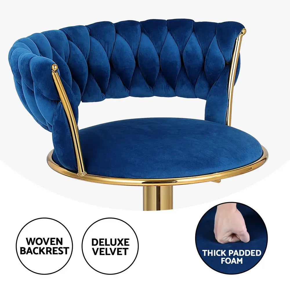 Artiss Bar Stools Gas Lift Velvet Woven Backrest Navy - Furniture > Bar Stools & Chairs