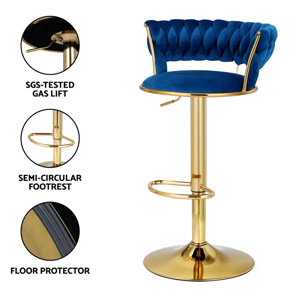 Artiss Bar Stools Gas Lift Velvet Woven Backrest Navy - Furniture > Bar Stools & Chairs