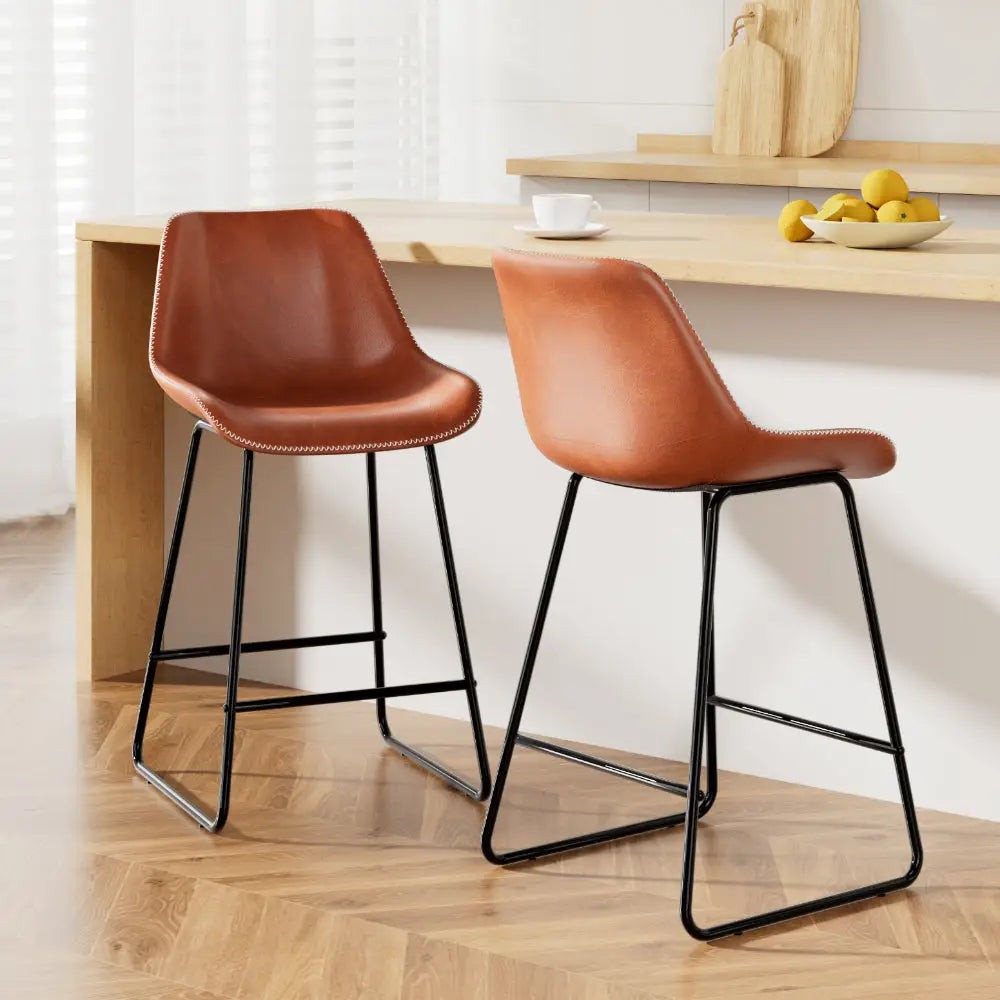 Artiss Bar Stools Kitchen Counter Barstools Leather Metal Chairs Brown x2 - Furniture > Bar Stools & Chairs > Table &