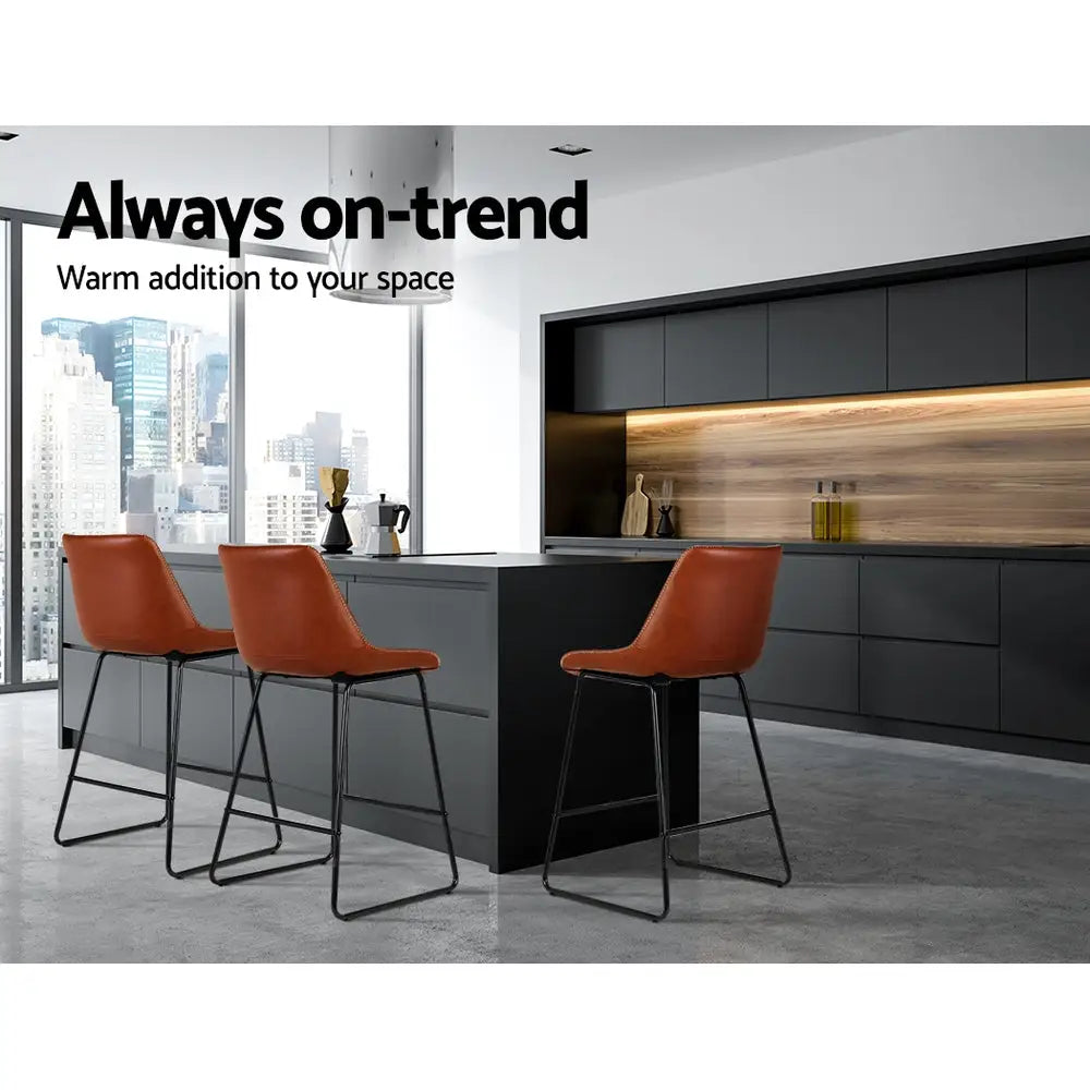 Artiss Bar Stools Kitchen Counter Barstools Leather Metal Chairs Brown x2 - Furniture > Bar Stools & Chairs > Table &