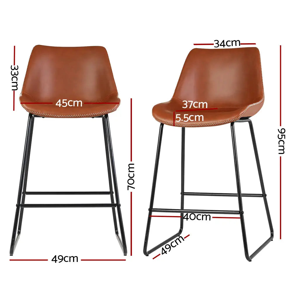 Artiss Bar Stools Kitchen Counter Barstools Leather Metal Chairs Brown x2 - Furniture > Bar Stools & Chairs > Table &