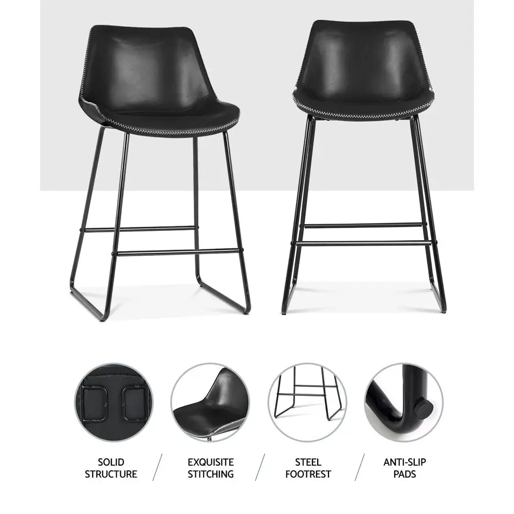 Artiss Bar Stools Kitchen Counter Barstools Leather Metal Chairs Black x2 - Furniture > Bar Stools & Chairs