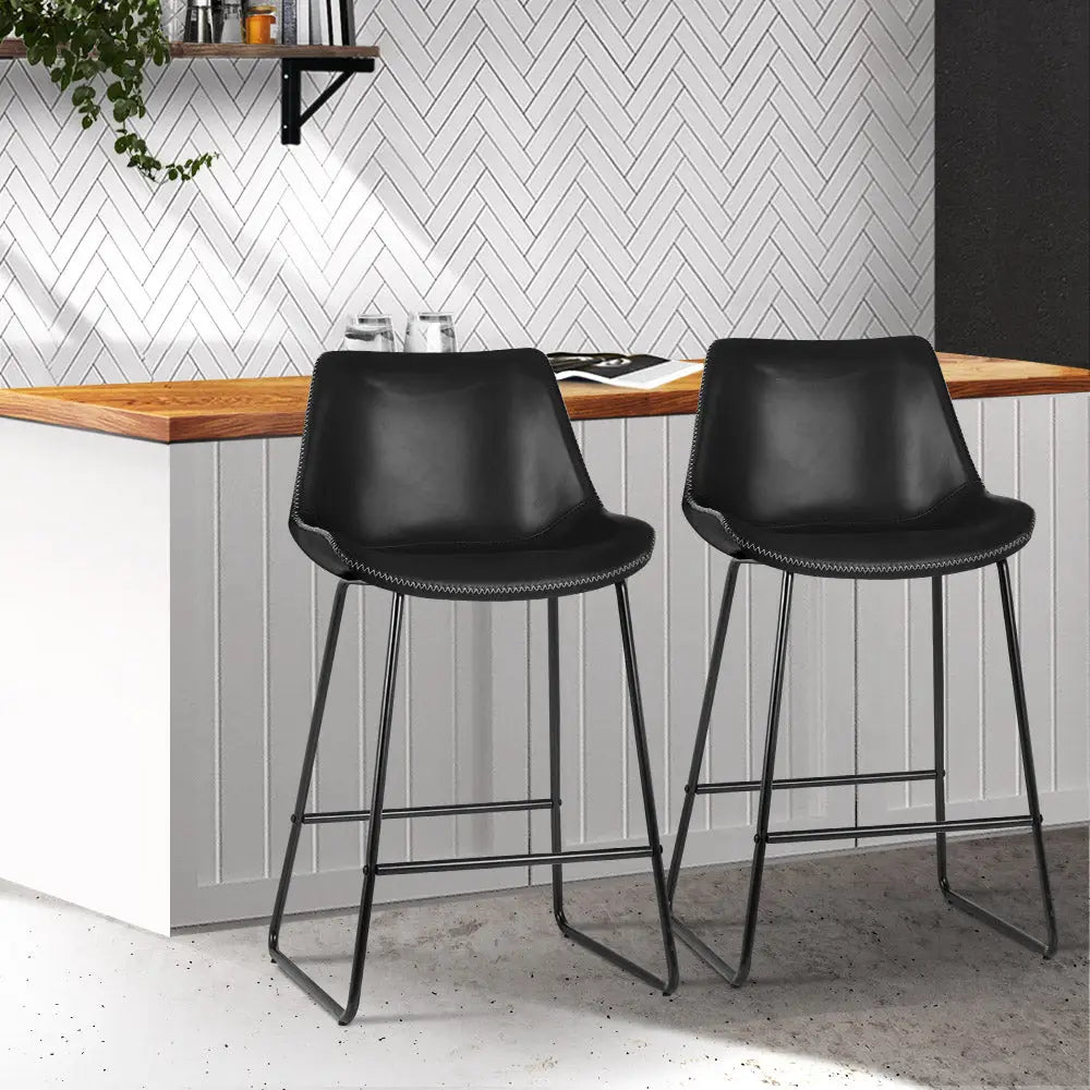 Artiss Bar Stools Kitchen Counter Barstools Leather Metal Chairs Black x2 - Furniture > Bar Stools & Chairs