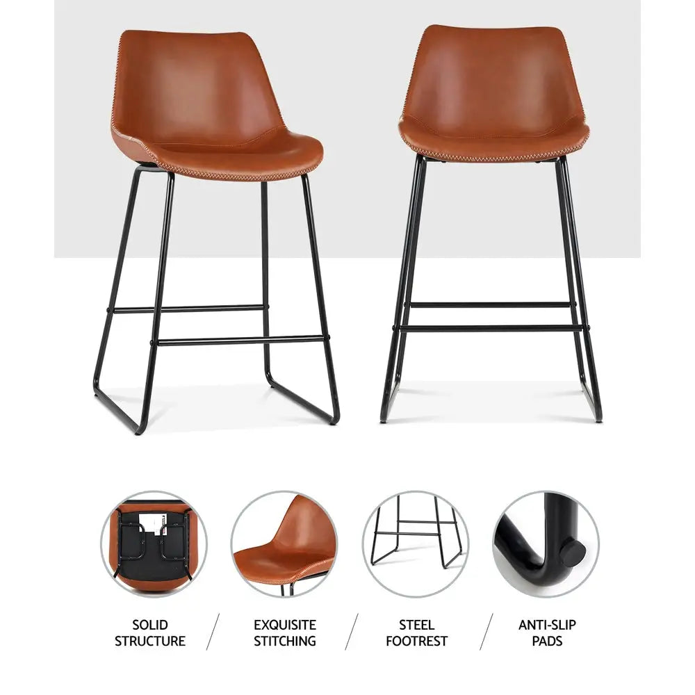 Artiss Bar Stools Kitchen Counter Barstools Leather Metal Chairs Brown x2 - Furniture > Bar Stools & Chairs > Table &