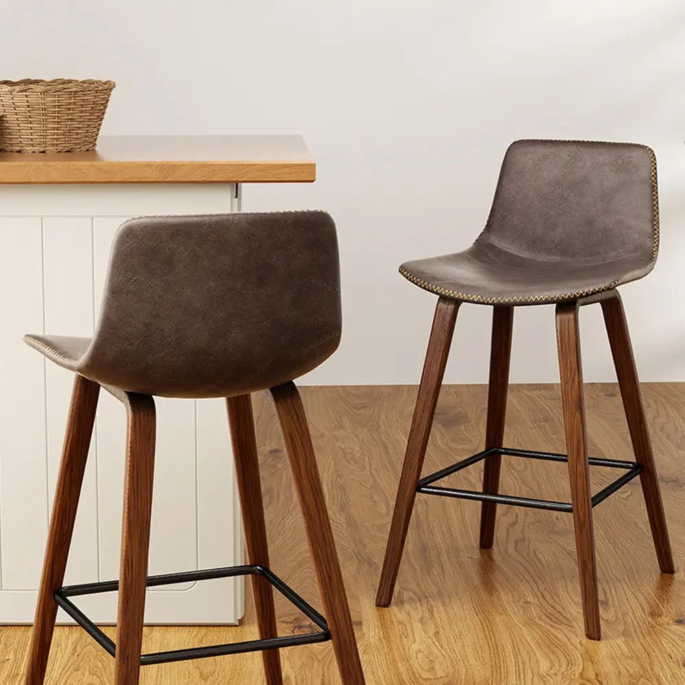 Artiss Bar Stools Kitchen Counter Barstools Leather Wooden Chairs x2 - Furniture > Bar Stools & Chairs