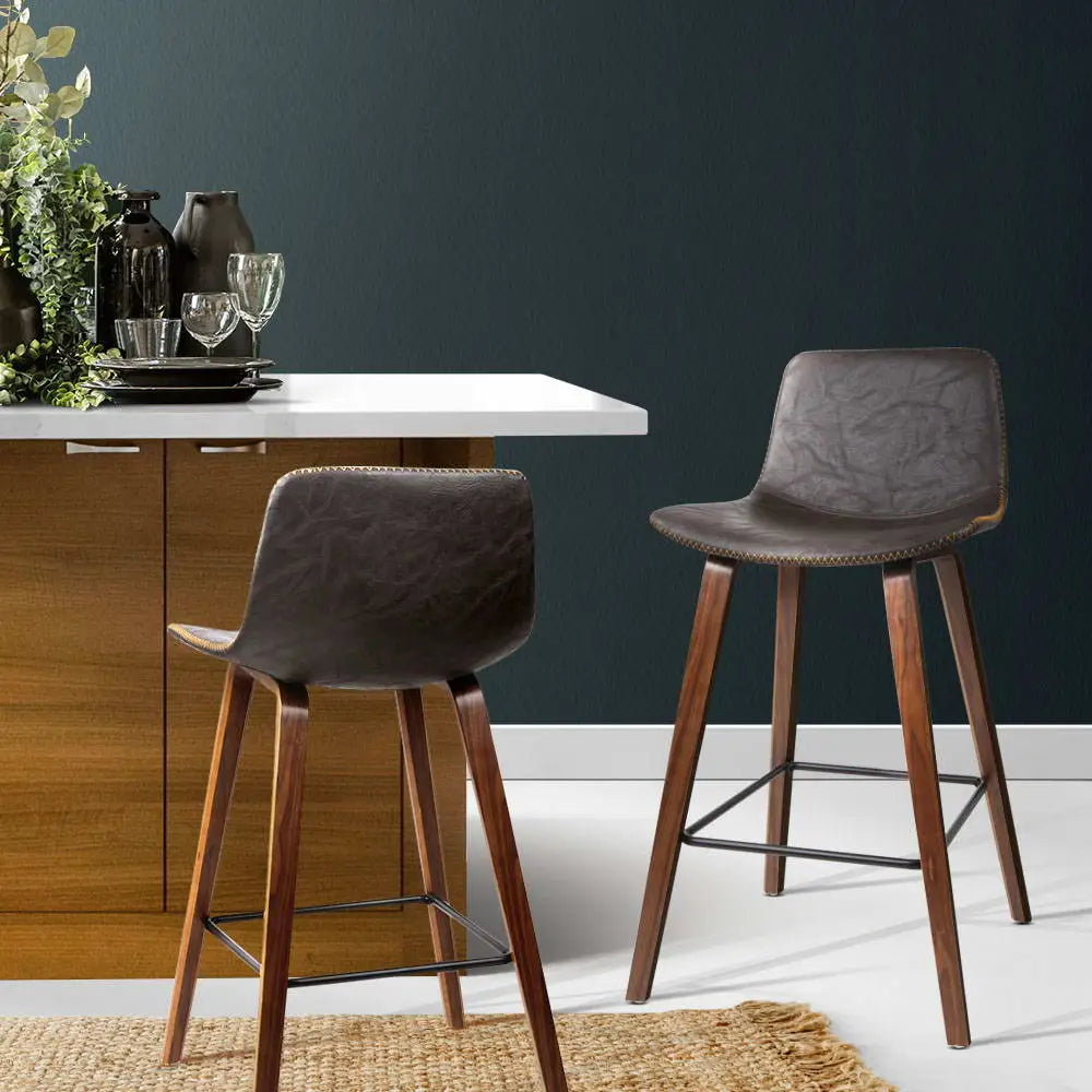 Artiss Bar Stools Kitchen Counter Barstools Leather Wooden Chairs x2 - Furniture > Bar Stools & Chairs