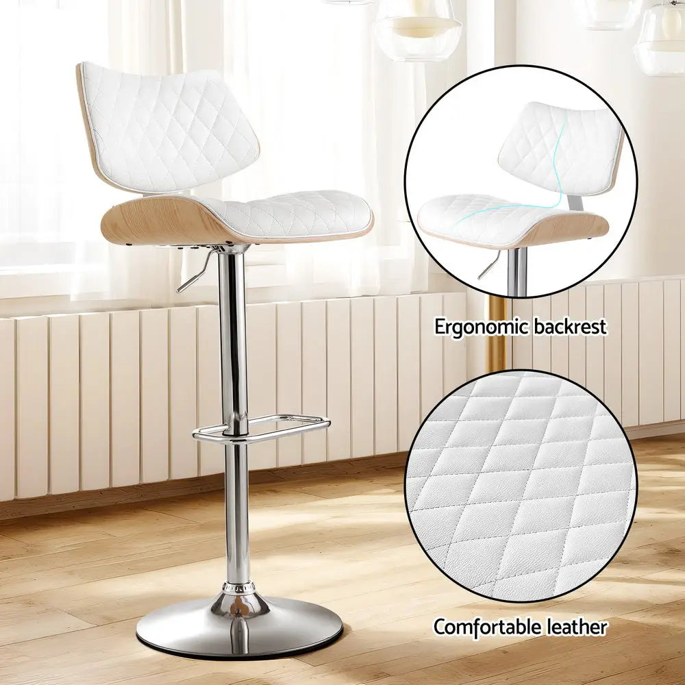 Artiss Bar Stools Kitchen Dining Chairs Gas Lift Stool Wooden Leather White - Furniture > Bar Stools & Chairs > Table &