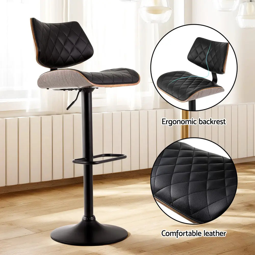 Artiss Bar Stools Kitchen Dining Chairs Gas Lift Stool Wooden Leather Black - Furniture > Bar Stools & Chairs > Table &