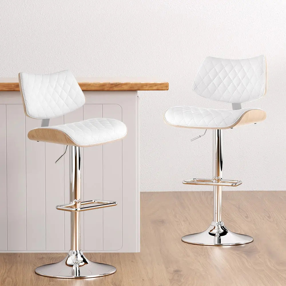 Artiss Bar Stools Kitchen Dining Chairs Gas Lift Stool Wooden Leather White - Furniture > Bar Stools & Chairs > Table &