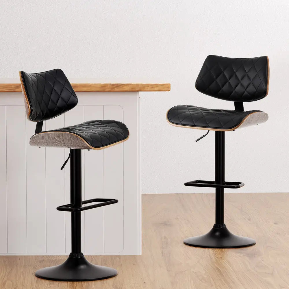 Artiss Bar Stools Kitchen Dining Chairs Gas Lift Stool Wooden Leather Black - Furniture > Bar Stools & Chairs > Table &