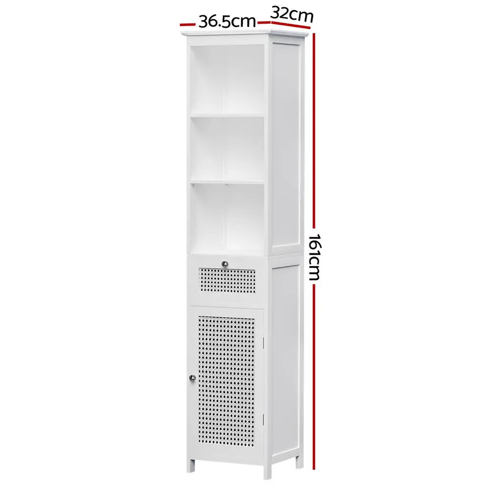 Artiss Bathroom Cabinet Storage 161cm White Rattan Tallboy Toilet Cupboard - Furniture > Bathroom