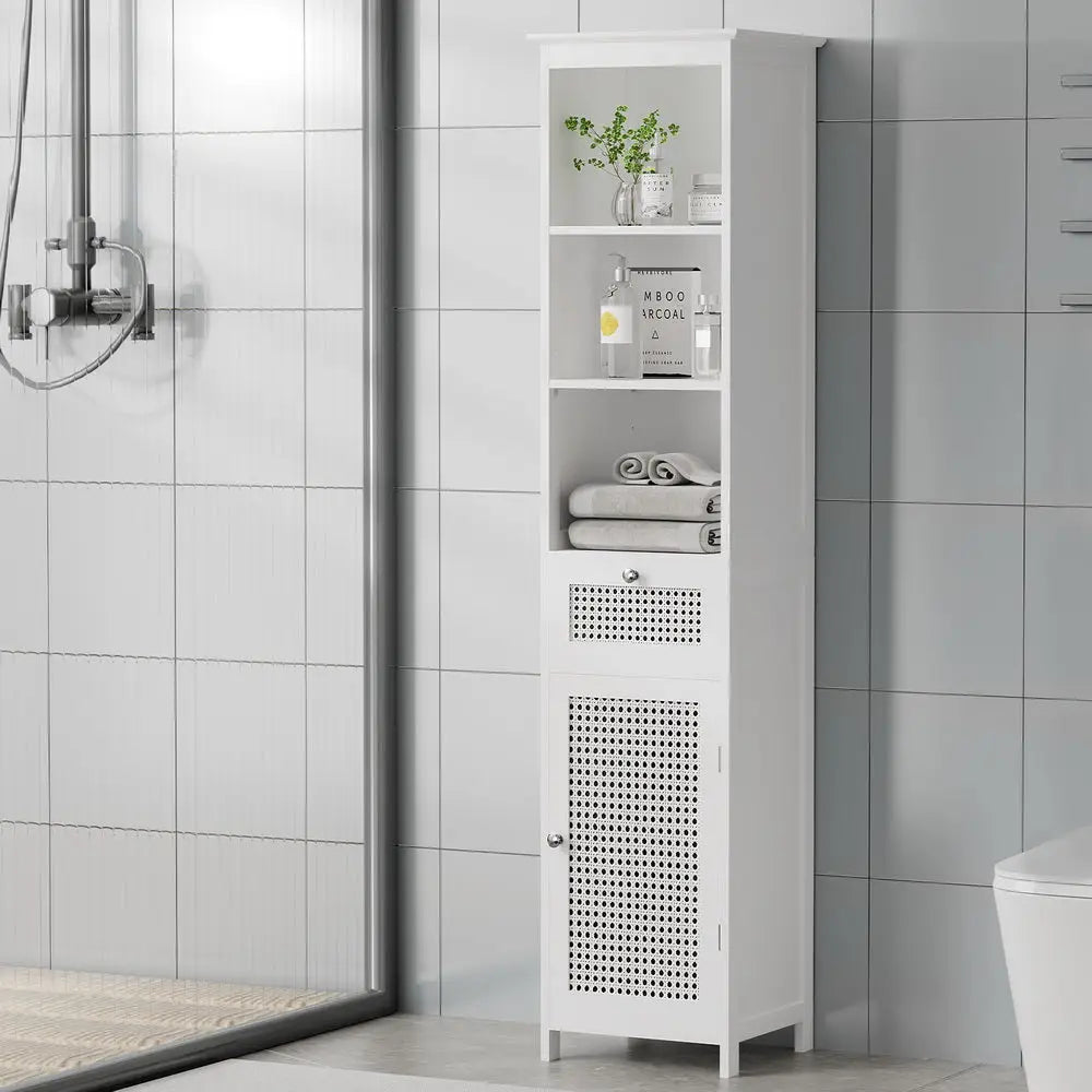 Artiss Bathroom Cabinet Storage 161cm White Rattan Tallboy Toilet Cupboard - Furniture > Bathroom