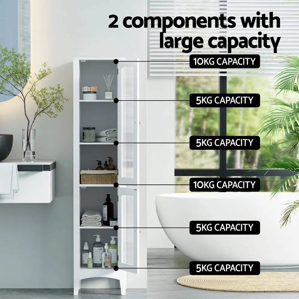 Artiss Bathroom Storage Cabinet 160cm Tall Slim Floor Cupboard Toilet Glass Door White - Furniture > Bathroom >