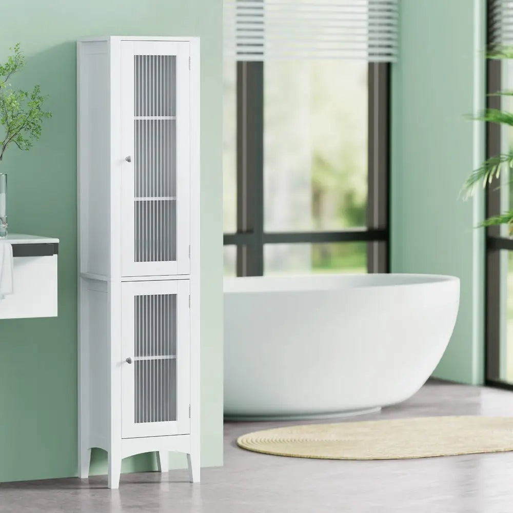 Artiss Bathroom Storage Cabinet 160cm Tall Slim Floor Cupboard Toilet Glass Door White - Furniture > Bathroom >
