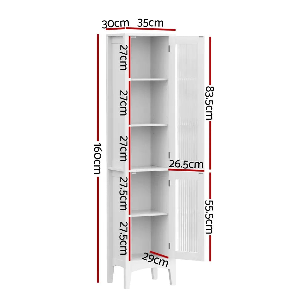 Artiss Bathroom Storage Cabinet 160cm Tall Slim Floor Cupboard Toilet Glass Door White - Furniture > Bathroom >