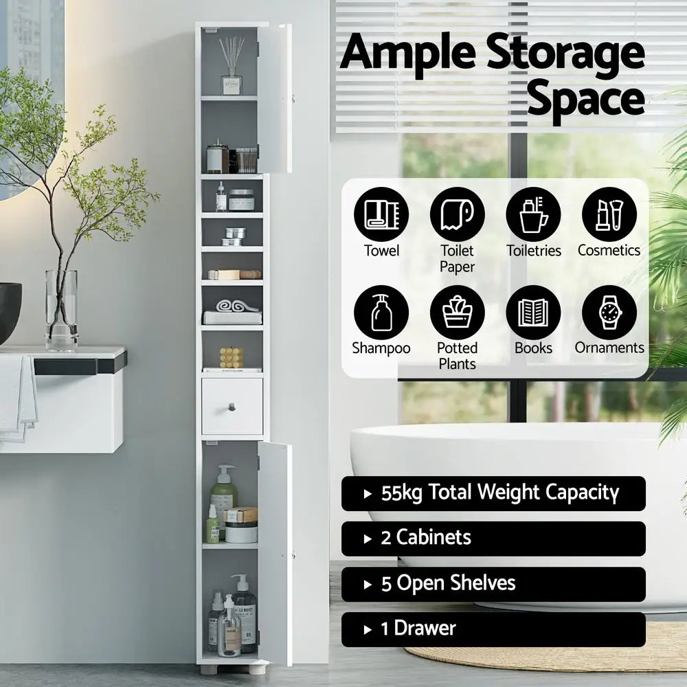 Artiss Bathroom Storage Cabinet 180cm Tall Slim Floor Cupboard Toilet Narrow Linen Tower - Furniture > Bathroom >