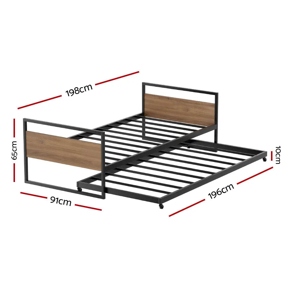 Artiss Bed Frame 2x Single Size Metal Trundle Daybed DEAN - Furniture > Bedroom