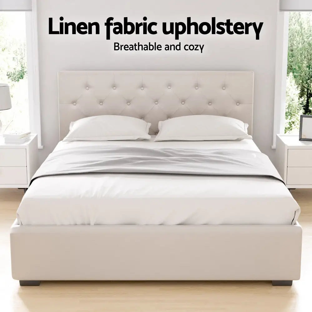 Artiss Bed Frame Double Size Gas Lift Beige VILA - Furniture > Bedroom > Beds & Bed Frames