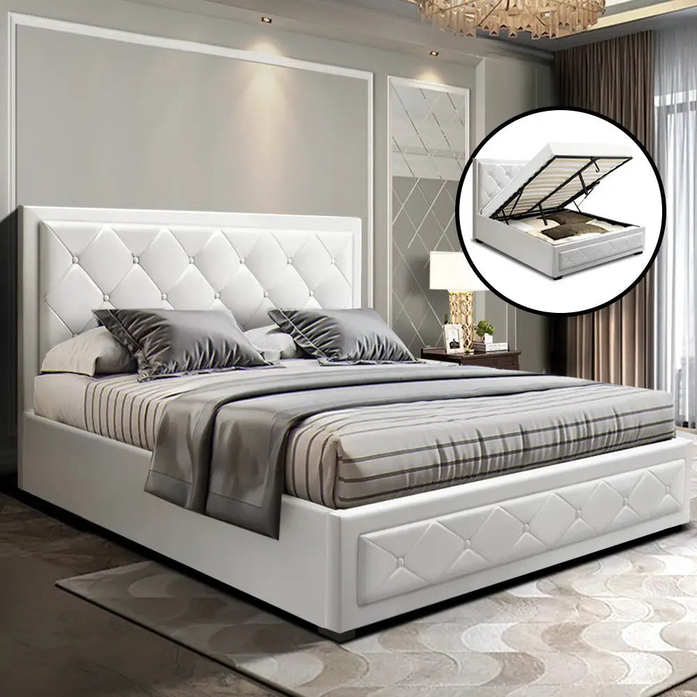 Artiss Bed Frame Double Size Gas Lift White TIYO - Furniture > Bedroom