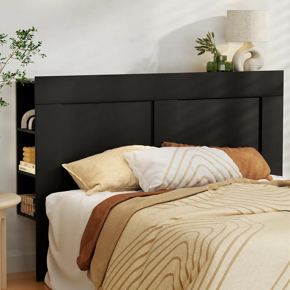 Artiss Bed Frame Double Size Bed Head with Shelves Headboard Bedhead Base Black - Furniture > Bedroom