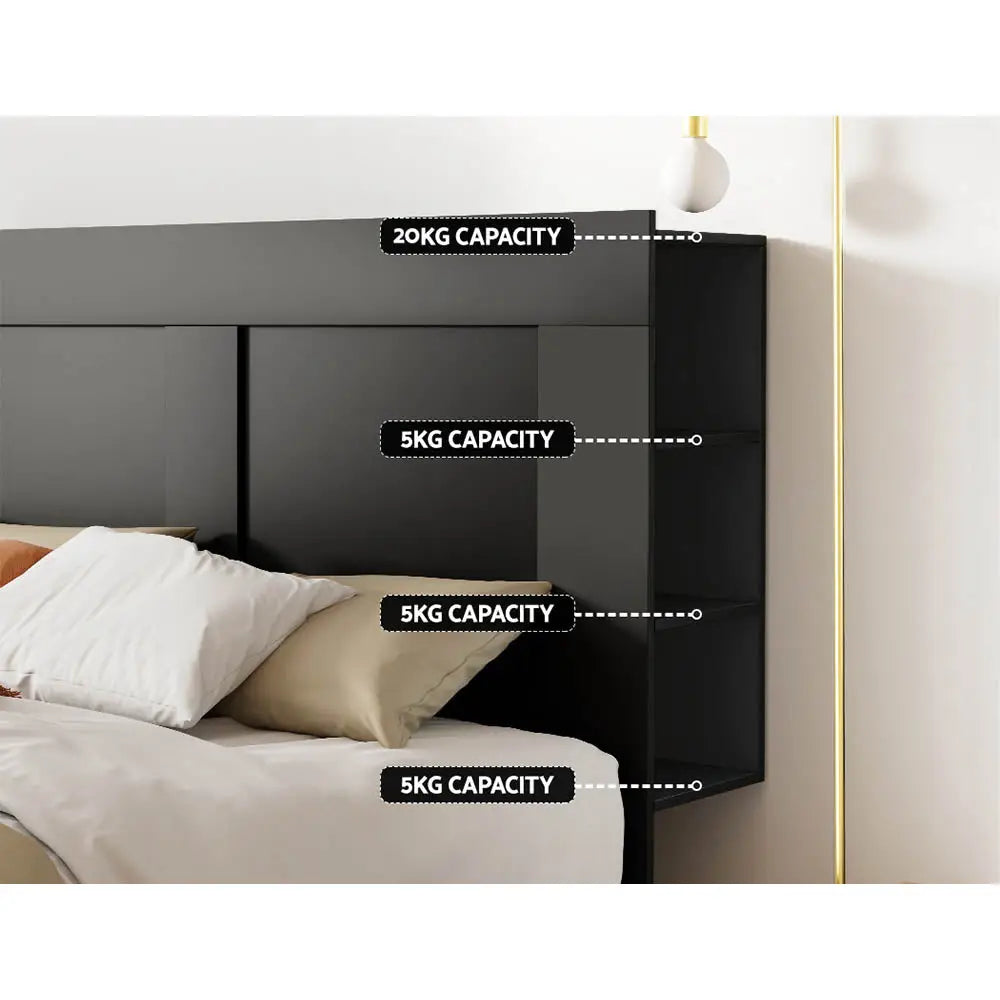 Artiss Bed Frame Double Size Bed Head with Shelves Headboard Bedhead Base Black - Furniture > Bedroom