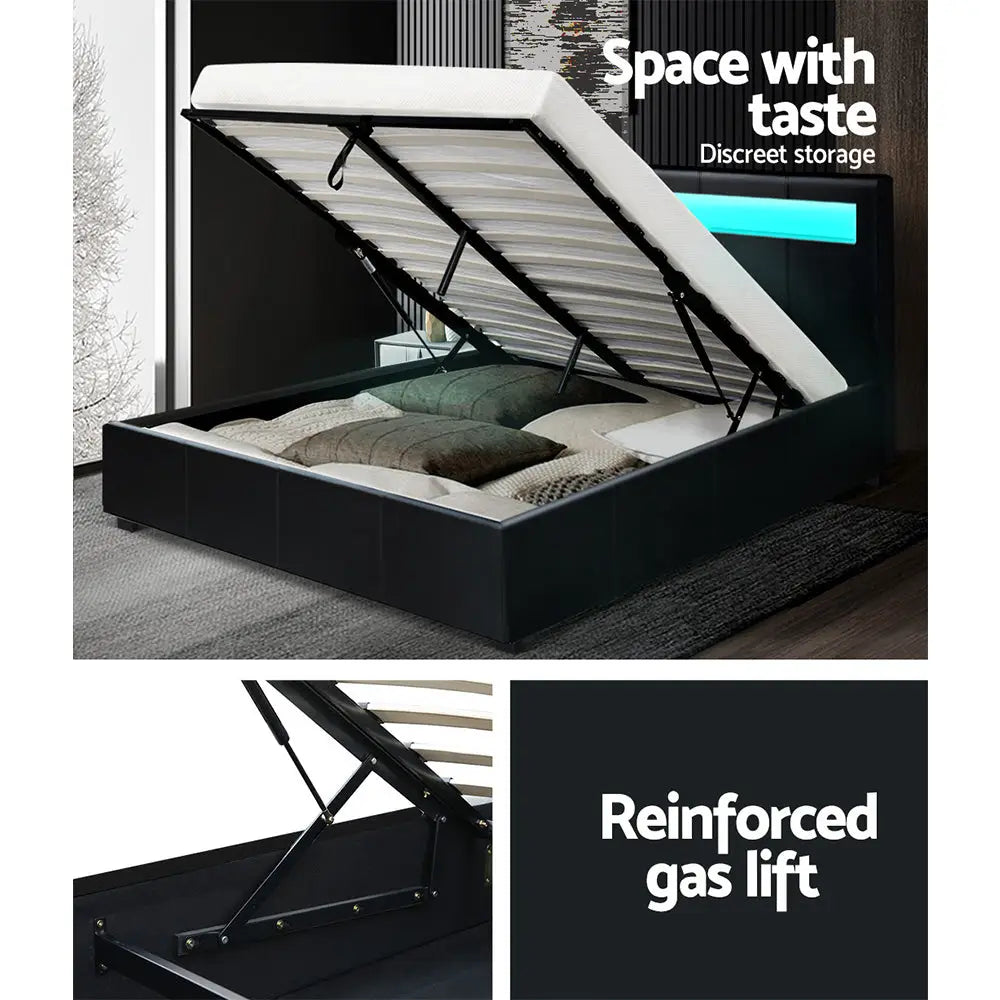 Artiss Bed Frame Double Size LED Gas Lift Black COLE - Furniture > Bedroom