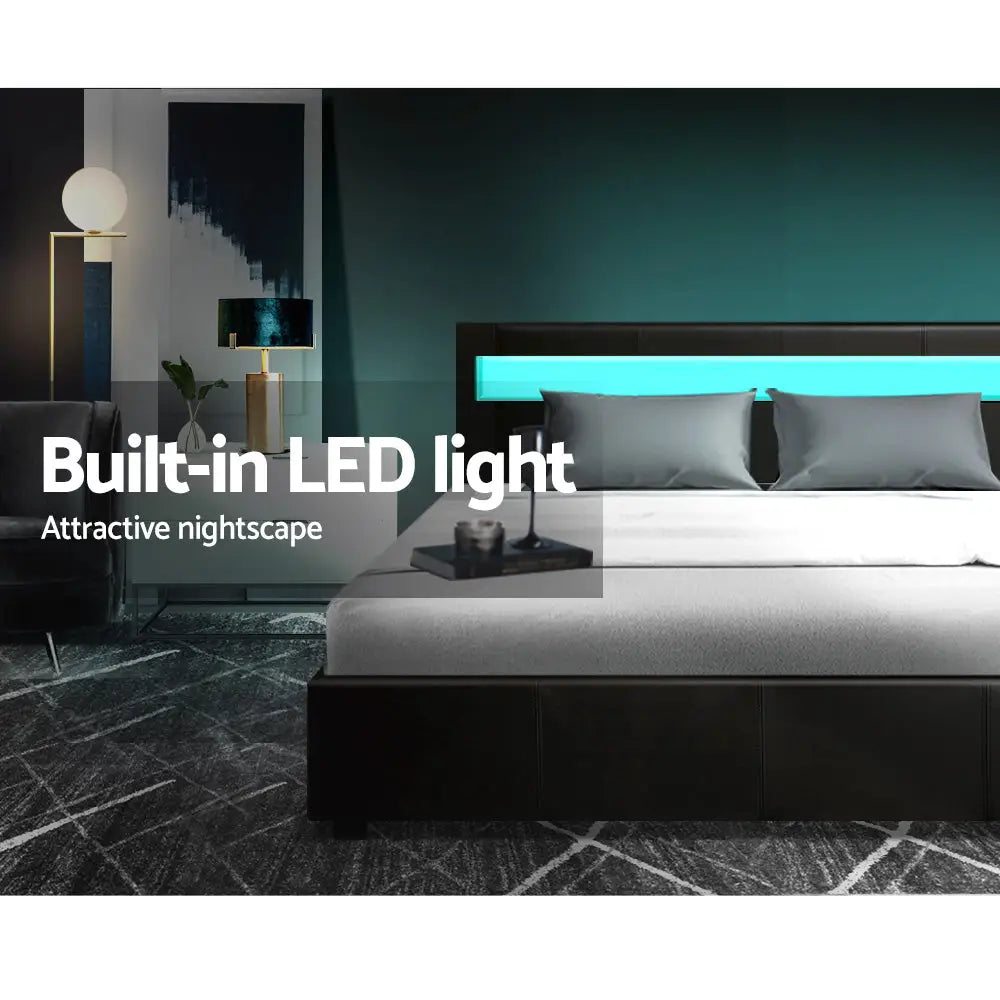 Artiss Bed Frame Double Size LED Gas Lift Black COLE - Furniture > Bedroom