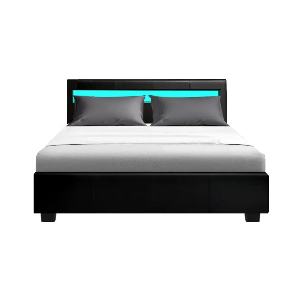 Artiss Bed Frame Double Size LED Gas Lift Black COLE - Furniture > Bedroom