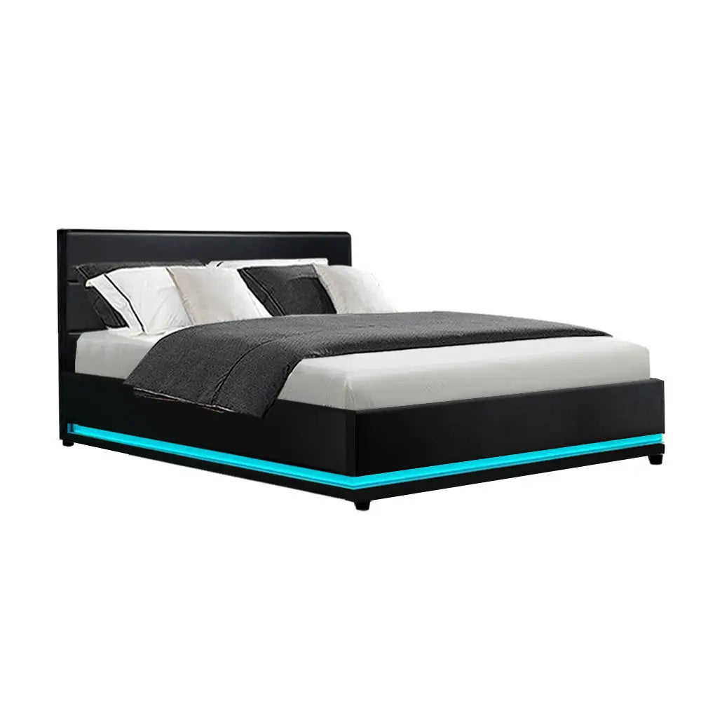Artiss Bed Frame Double Size LED Gas Lift Black LUMI - Furniture > Bedroom